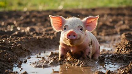 Adorable Piglet Playing Happily in Mud