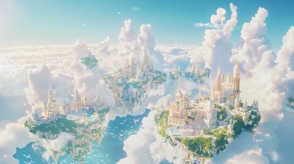 Fototapeta premium Floating islands city in cloudscape.
