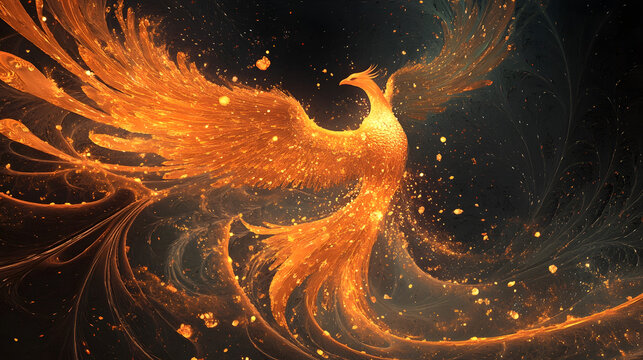 A digital phoenix rising from a sea of fire, with intricate patterns and glowing embers swirling around it