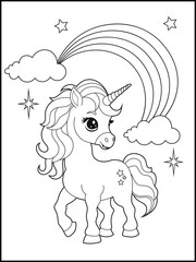 Illustration of a cute baby unicorn cartoon character. Black and white Printable Unicorn coloring page for kids