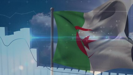Algerian flag waving over financial data charts and graphs animation - Powered by Adobe