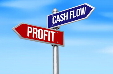 Cash Flow Vs Profit written on the signboard with sky in the backdrop, business and finance concept backdrop.