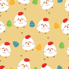 seamless pattern cute cartoon chicken with easter eggs. cute animal pattern for easter wallpaper and background
