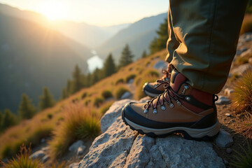 Male legs in trekking shoes close-up, a man walks along a trail among rocky mountains, hiking at sunset. AI