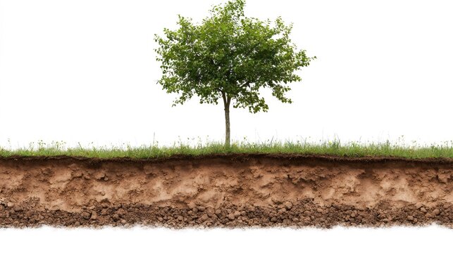 Lonely tree growing on cross section of ground with grass and dirt