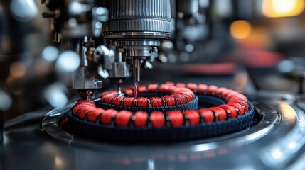 Factory red thread textile machine close-up