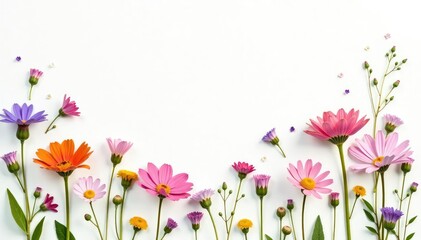 Obraz premium Delicate scattered wildflowers on white background, beauty, bloom