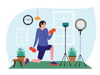 fitness live streaming concept dumbbell workout illustration person live-streaming session focused exercise