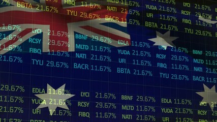 Stock market animation with Australian flag and financial data overlaying - Powered by Adobe