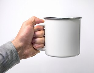 mockup de una mano masculina sosteniendo una taza metálica vintage blanca sobre un fondo blanco claro. – Alta calidad
