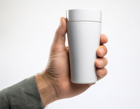 mockup de una mano masculina sosteniendo una taza met&aacute;lica vintage blanca sobre un fondo blanco claro. &ndash; Alta calidad