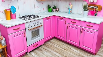 A bright and colorful pink kitchen with white countertops is shown