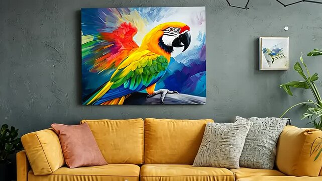 Vibrant painting of a parrot perched in a modern living room with colorful decor and plants