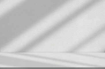 Fototapeta premium Background White Wall Studio.Kitchen Room with Light,Shadow on Desk,Empty Backdrop Grey Podium Display with for Cosmetic Product,Interior Room with Sunlight onConcrete Wall Surface and Floor Texture