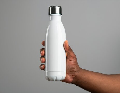 mockup de una mano masculina sosteniendo una taza met&aacute;lica vintage blanca sobre un fondo blanco claro. &ndash; Alta calidad