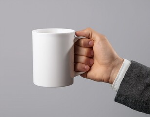 mockup de una mano masculina sosteniendo una taza blanca sobre un fondo blanco claro. – Alta calidad