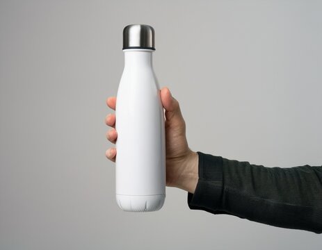 mockup de una mano masculina sosteniendo una taza met&aacute;lica vintage blanca sobre un fondo blanco claro. &ndash; Alta calidad