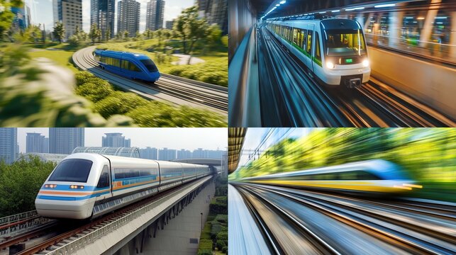High-speed rail transit collage showcasing various train types in motion.