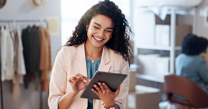 Fashion, woman and ecommerce with tablet for inventory, business management and stock in workshop. Supply chain, female seller and happy with tech for logistics, online order or shipping confirmation