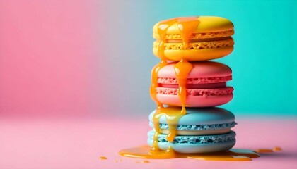 A stack of colorful macarons on a pink and turquoise background. The stack is made up of multiple layers of macaroons in different colors - yellow, orange, pink, purple, and blue. 