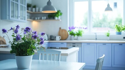Bright purple flowers in light blue kitchen