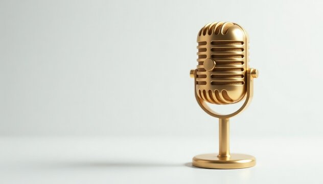 Close-up shot of a single gold microphone on white , rapper, isolated, white background