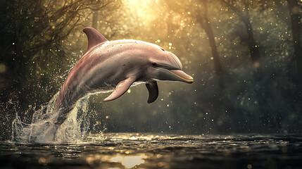 Fototapeta premium Rare Pink Dolphin in Vibrant Waters – Epic Ocean Photography