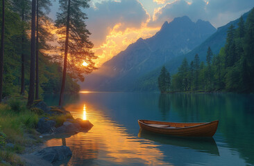 Obraz premium Idyllic Sunset Over Hintersee Lake with Reflective Tranquil Waters