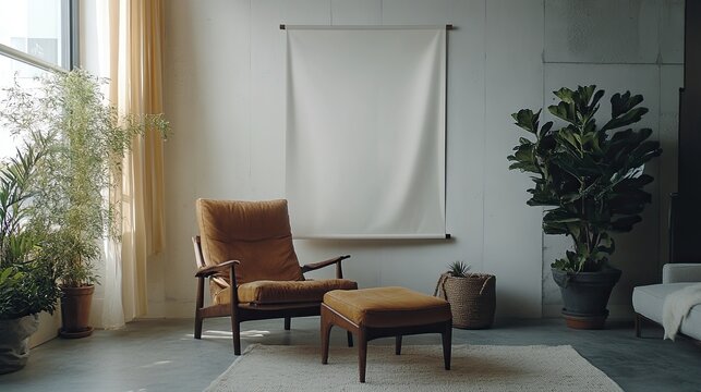 Minimalist-style blank banner hanging in a living room, ideal for customizable design use 