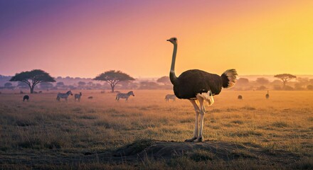 Naklejka premium A Majestic Ostrich Standing Tall Atop a Small Hill in the African Savannah at Sunrise_