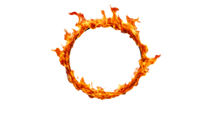 Fiery circle of blazing flames on a black background, cut out transparent