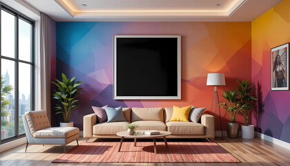 A dynamic retro-modern living room with pixelated gradient walls, presenting a framed poster mockup in a clean white frame with a striking black border.