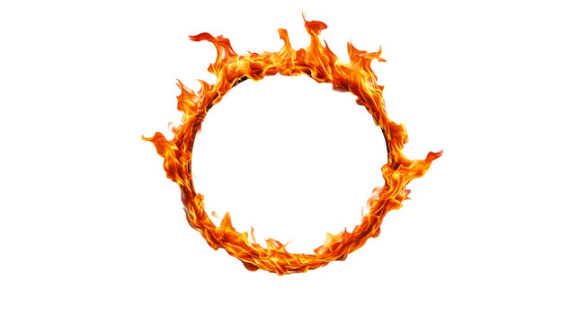 Fiery circle of blazing flames on a black background, cut out transparent