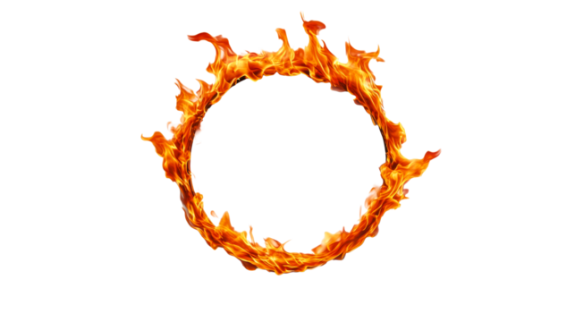 Fiery circle of blazing flames on a black background, cut out transparent