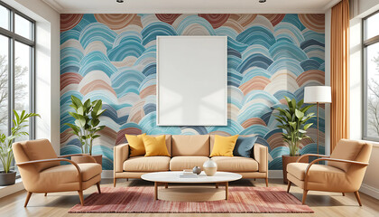 A vibrant retro-modern living room with overlapping wave pattern walls, featuring a framed poster mockup in a crisp white frame outlined with a bold black border.