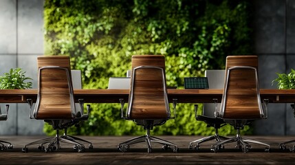 Obraz premium Office desks with chairs face a green wall. Serene workspace with natural light