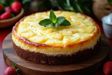 Delicious pineapple cheesecake with mint garnish on rustic wooden board with fresh strawberries and bright light