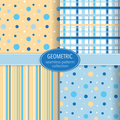 Seamless Geometric pattern set. Polka dot, striped and plaid. Seamless Geometric pattern set. Polka dot, striped and plaid. Colorful vector set. Baby seamless pattern. Eps 10