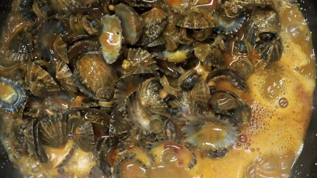 Cooking limpets, a traditional dish from northern spain and canary islands