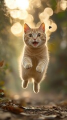 Energetic ginger tabby cat leaps high in sunlit forest chasing a flying insect with playful expression and blurred bokeh background creating a dynamic and joyful scene