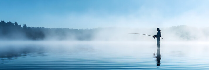 Obraz premium fisherman enjoying early morning fishing on a serene lake with mist gently rising from the water wide banner - blue background