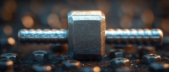 Close up of a metallic bolt and nuts on a dark surface with a blurred background creating a moody atmosphere