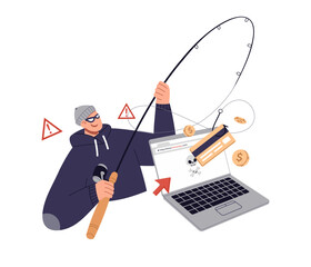 A hacker doing phishing and taking credit card online using laptop. Cybercrime illustration isolated on white background. Flat vector design