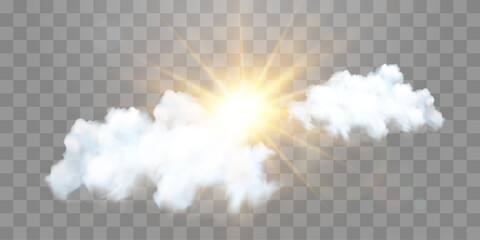 Vector realistic sunny-cloudy sky. Sunlight and cloud texture, nature sky. Vector weather element on png background. Glow light effect with cloud, smoke, fog. Isolated on transparent background. © Leonid
