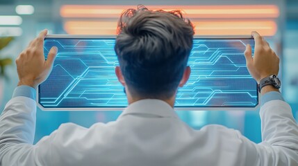 Person holding a screen with blue digital lines and binary code, wearing a white coat