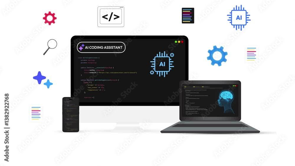 Poster ai assistant in programming and coding concept with multiple devices showing infographics, 4k animat
