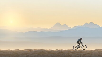 Fototapeta premium Person on a bike with a serene, mountain backdrop in the morning sun