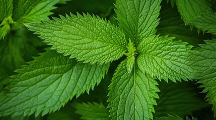 Fototapeta na wymiar A close-up of vibrant green nettle leaves, showcasing their serrated edges and lush texture against a dark background.