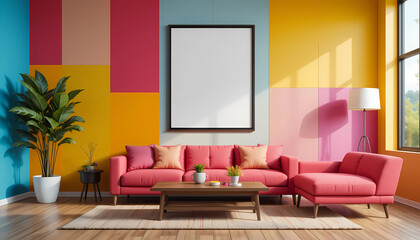 A vibrant retro-modern living room with pixelated color-block walls, highlighting a framed poster mockup in a pure white frame with a contrasting black border.


