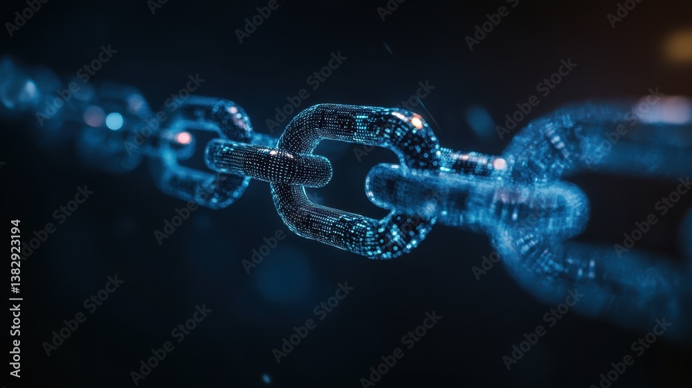 Poster A dark background featuring a futuristic binary code link chain, symbolizing advanced technology and data connectivity.